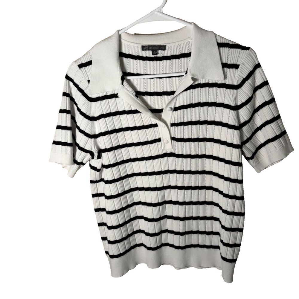 Adrianna Papell Sweater Women's Large Striped Ribbed Short Sleeve Popover